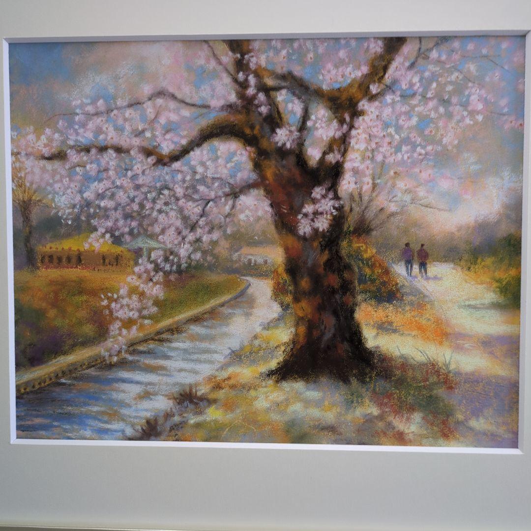 桜　パステル画 　額、マット付き　風景画　原画　絵画　春