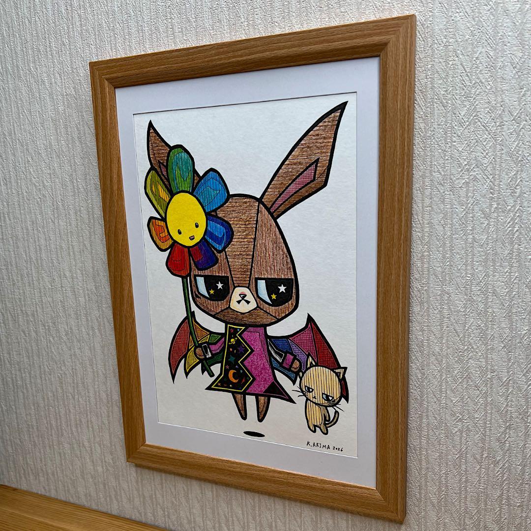 動物 原画 絵 手描き 癒し 猫 うさぎ 虹 一点物 額縁付『優しさを知った夜』
