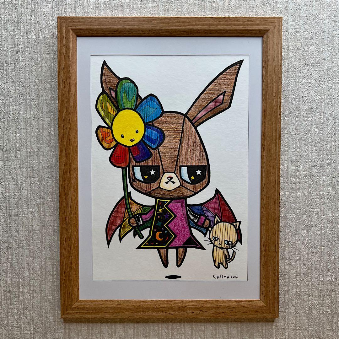 動物 原画 絵 手描き 癒し 猫 うさぎ 虹 一点物 額縁付『優しさを知った夜』