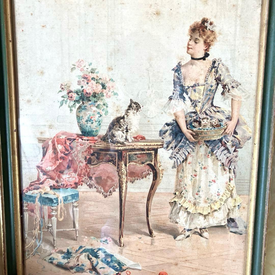 フランスアンティーク絵画　額装　ヴィクトリアな猫と貴婦人　1920年