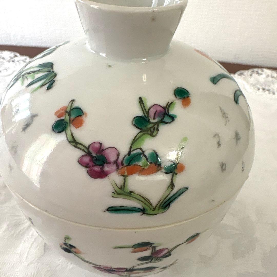 中国古美術 清末民国　粉彩 四季の花　染め付け　蓋付き器