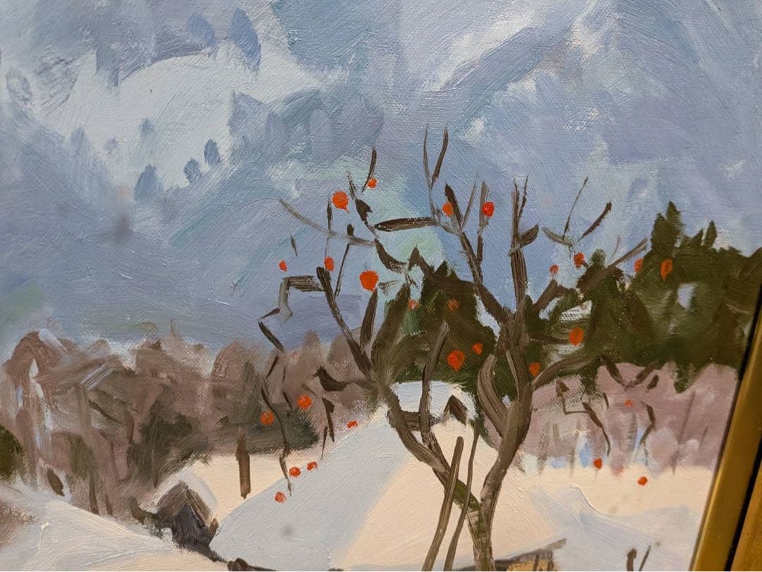 真作 油彩画 野溝嘉彦「越後雪景 秋山郷」風景画 サイン有 額装 雪景色 のみぞ