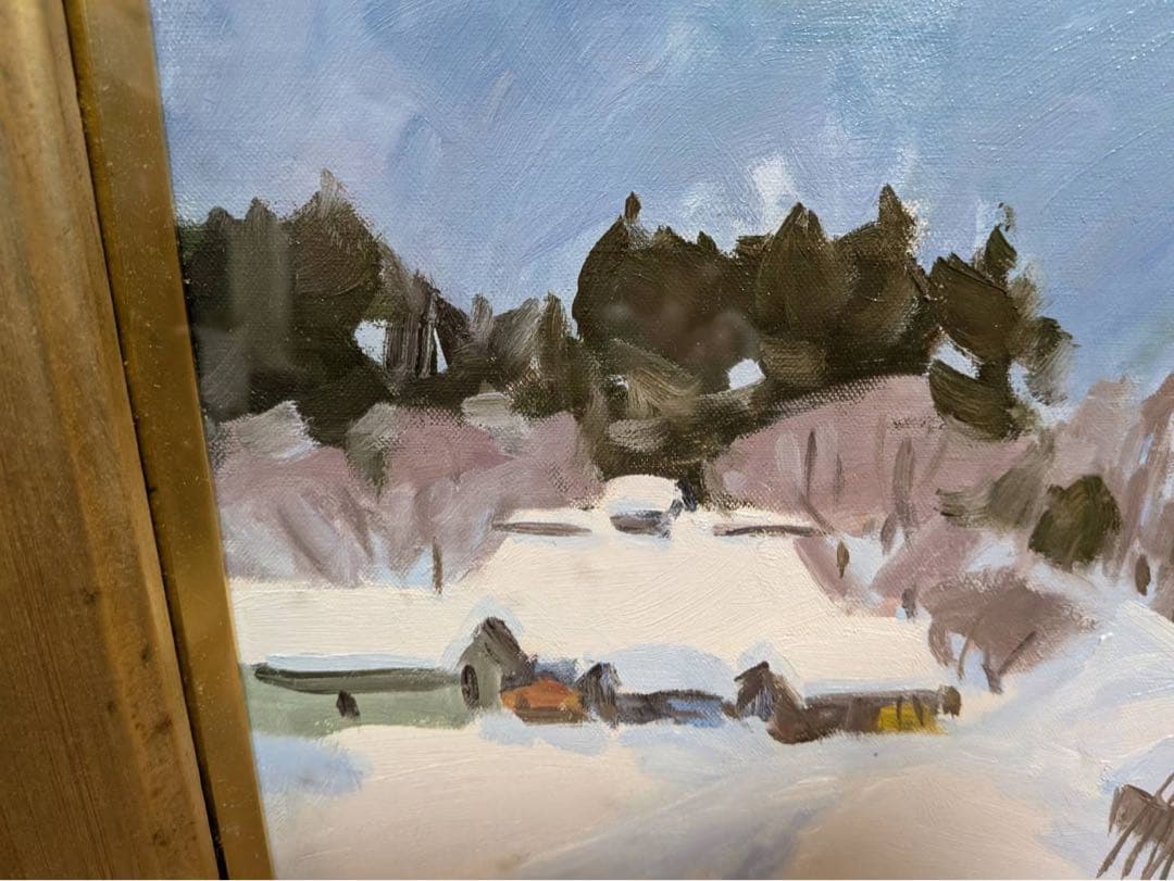 真作 油彩画 野溝嘉彦「越後雪景 秋山郷」風景画 サイン有 額装 雪景色 のみぞ