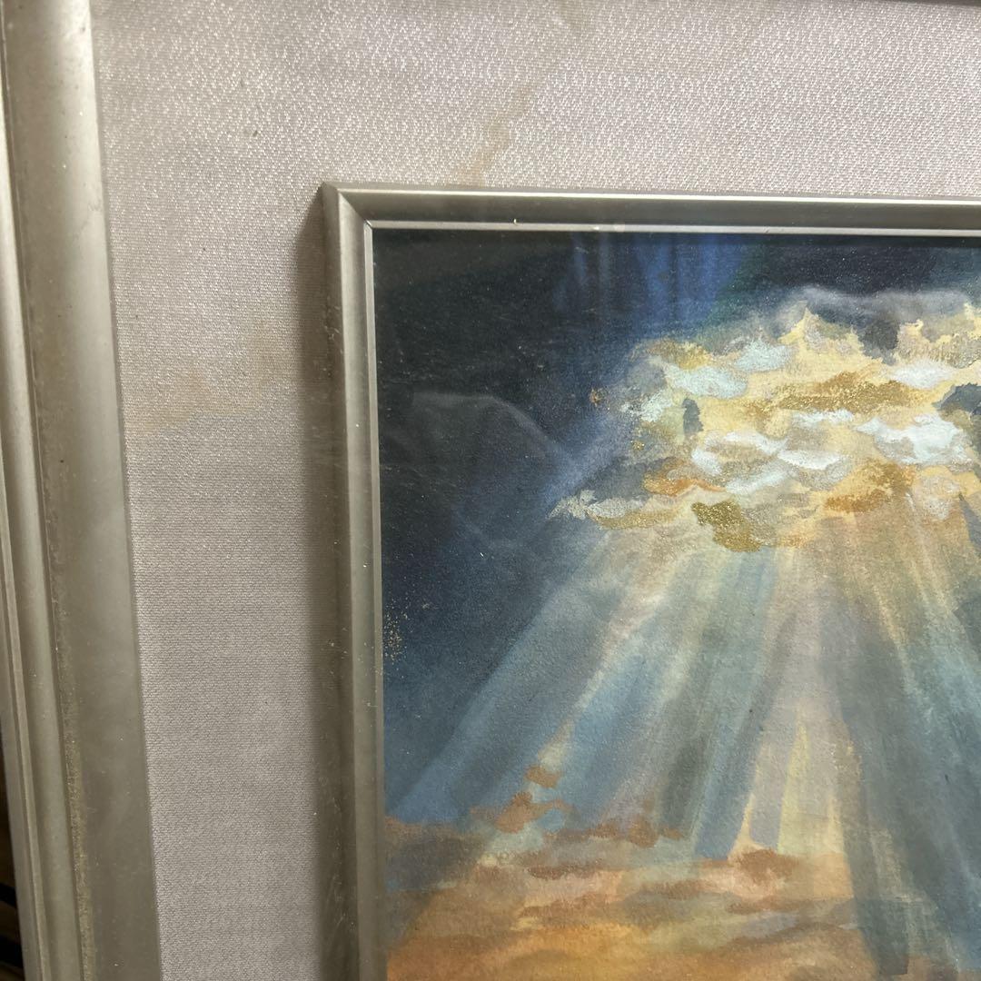 風景画 大きな額縁入り絵画　雲　光の筋