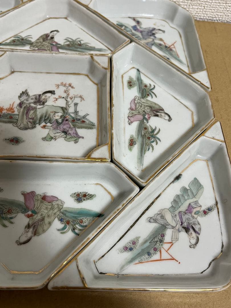 中国美術　清時代菱形皿金彩 粉彩 小皿 菓子皿 食器9点セット時代物