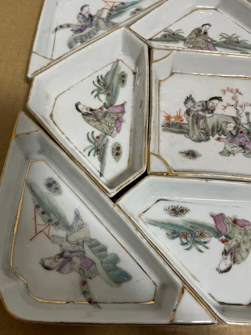 中国美術　清時代菱形皿金彩 粉彩 小皿 菓子皿 食器9点セット時代物
