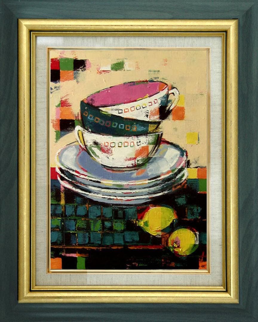 油絵菅家令子絵 絵画インテリア額付(白)uF6-060203 静物 カップレモン