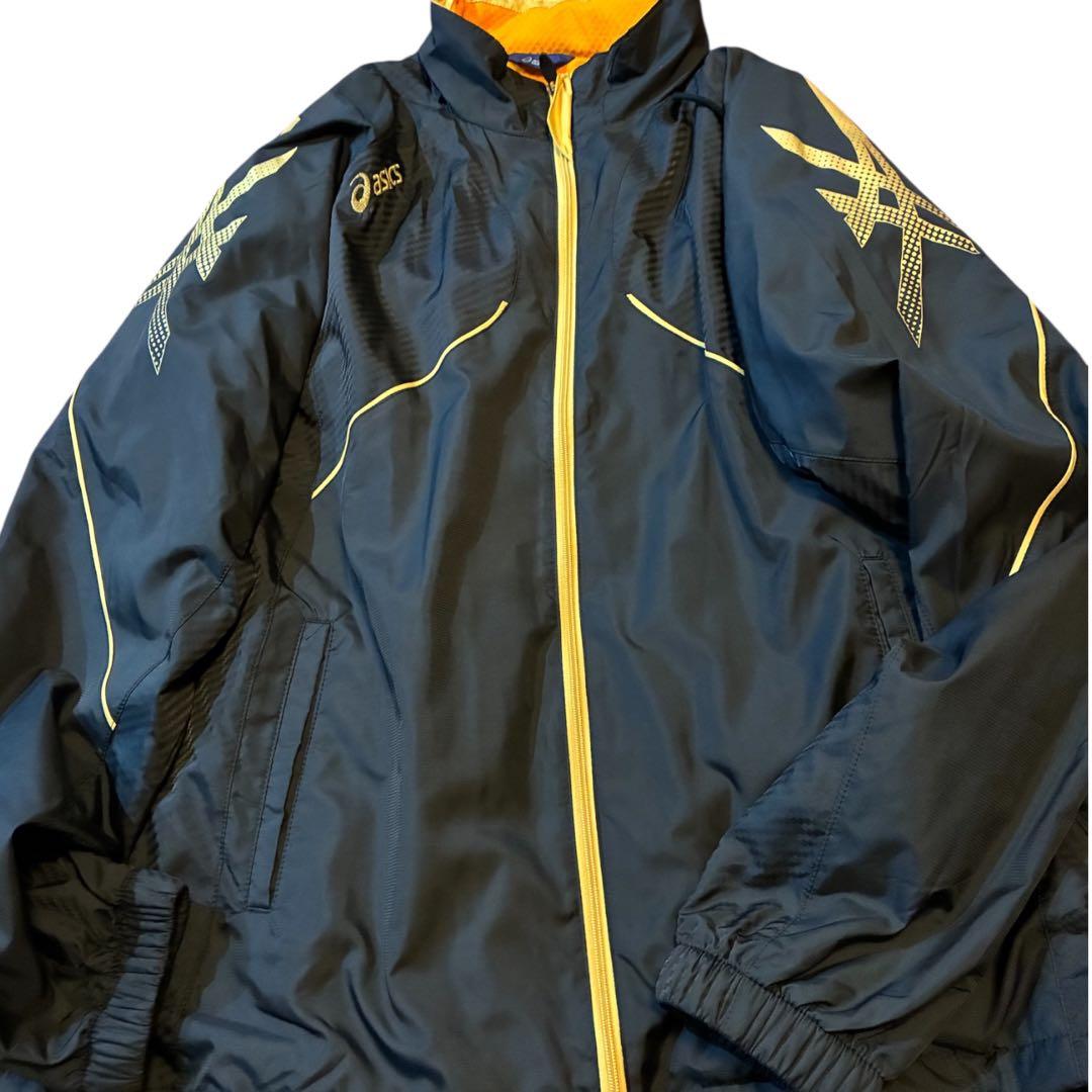 asicsウインドブレーカー セットアップXL（O） 黒×金 軽量・保温