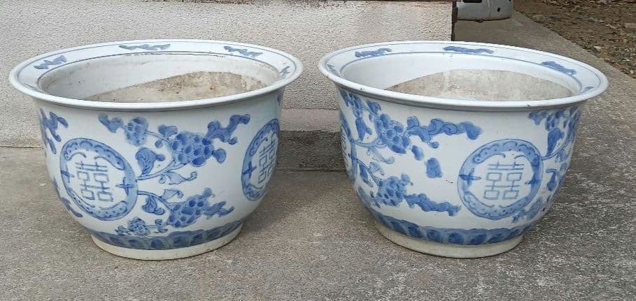 アンティーク　青い柄の植木鉢　2個セット