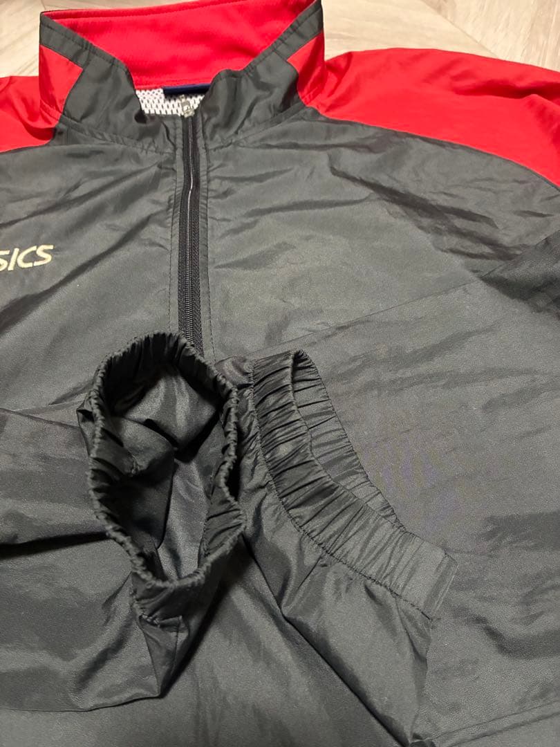 00s asics ナイロンジャケット XL 黒赤 ハーフジップ