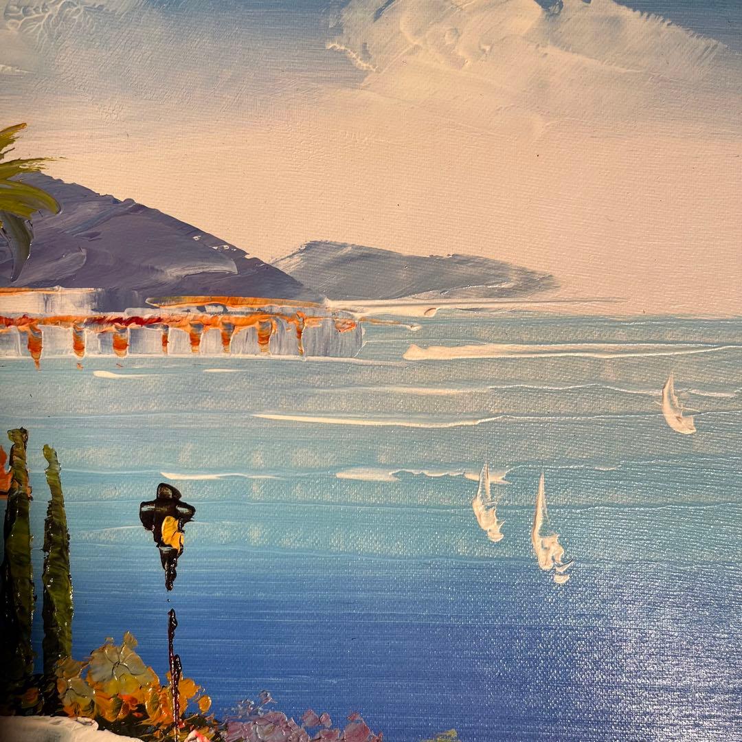 手書き油絵 地中海の風景 額付き  絵画 インテリア 油彩画
