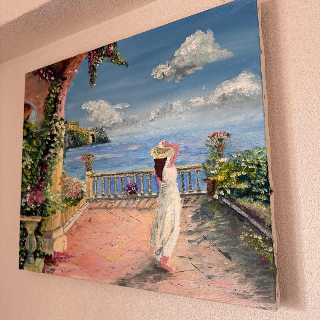 風景油彩画 女性と海の景色