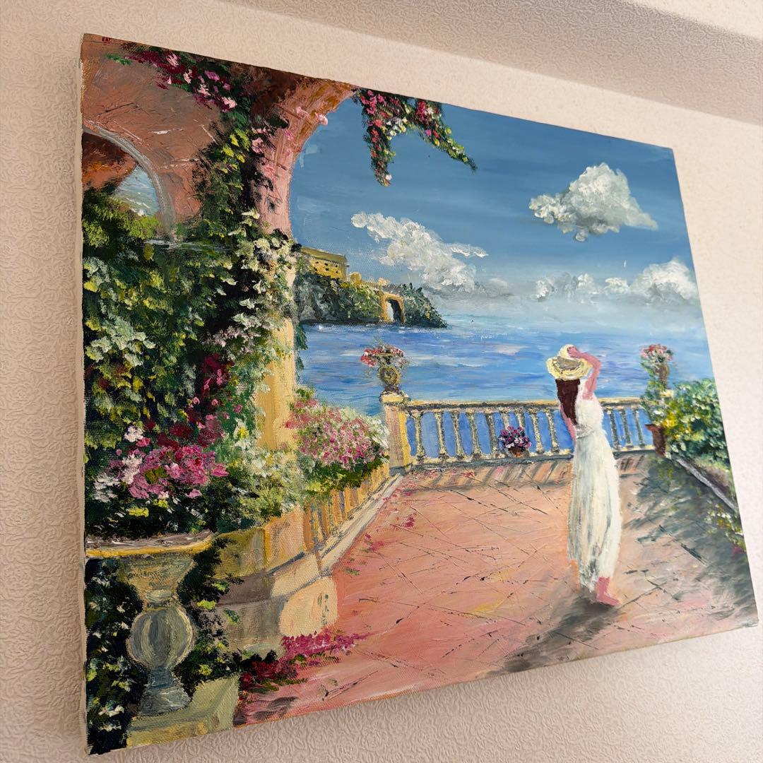 風景油彩画 女性と海の景色