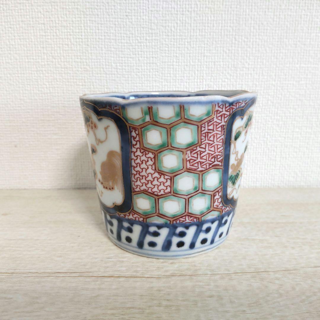 古伊万里　色絵　窓抜　葡萄に栗鼠　亀甲文　そば猪口