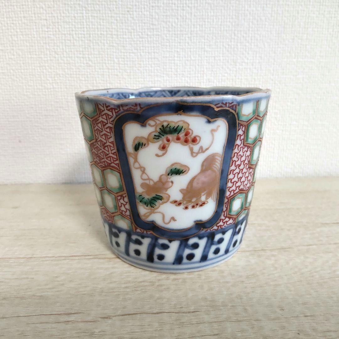 古伊万里　色絵　窓抜　葡萄に栗鼠　亀甲文　そば猪口