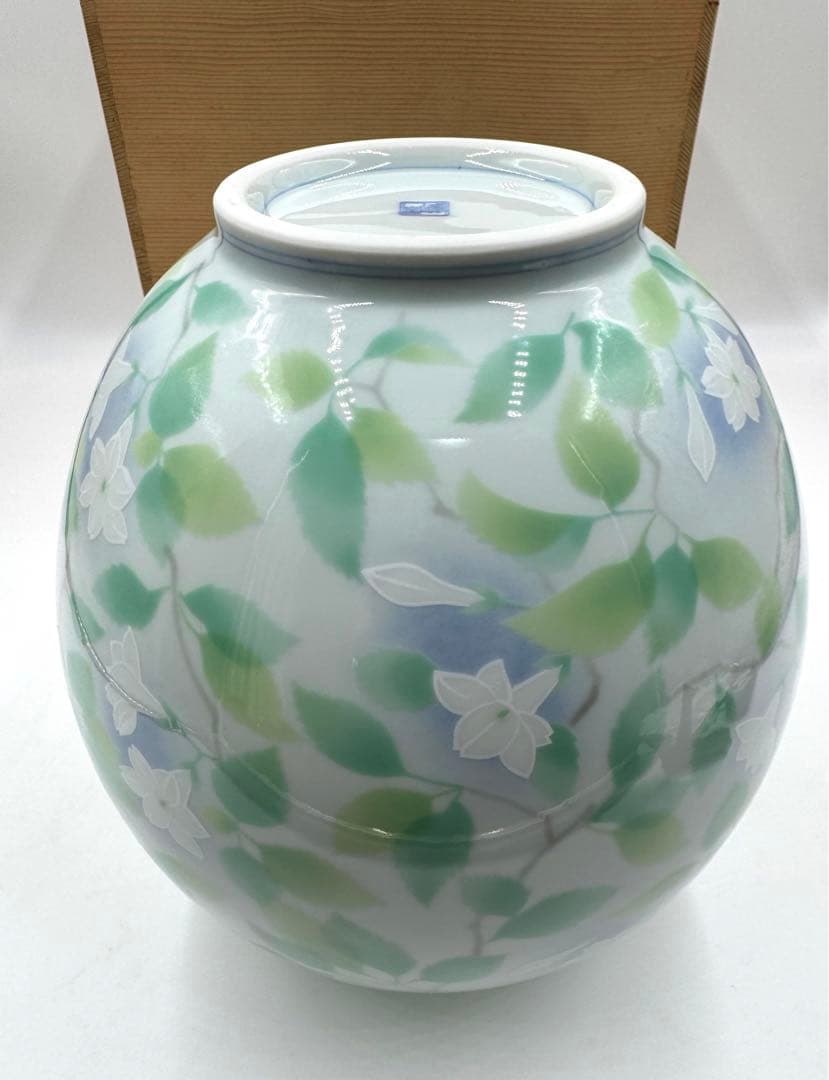 015前畑陶器　庫山窯　色絵染付　花瓶　飾り壺　未使用　共箱