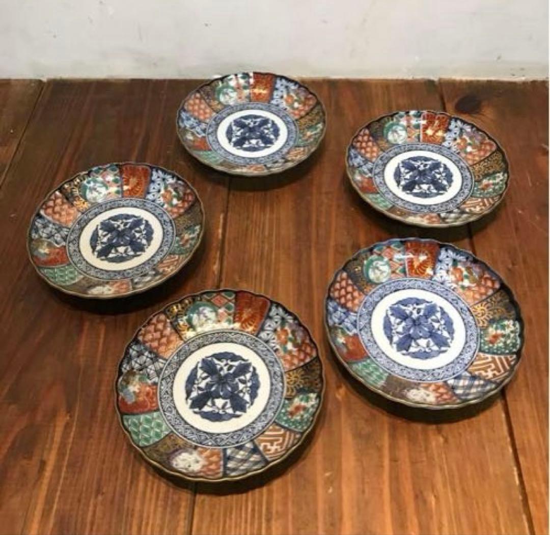 美品　龍峰窯　祥瑞花丸紋　金彩　銘々皿　色とりどりな絵柄が華やかな　取り皿　5枚