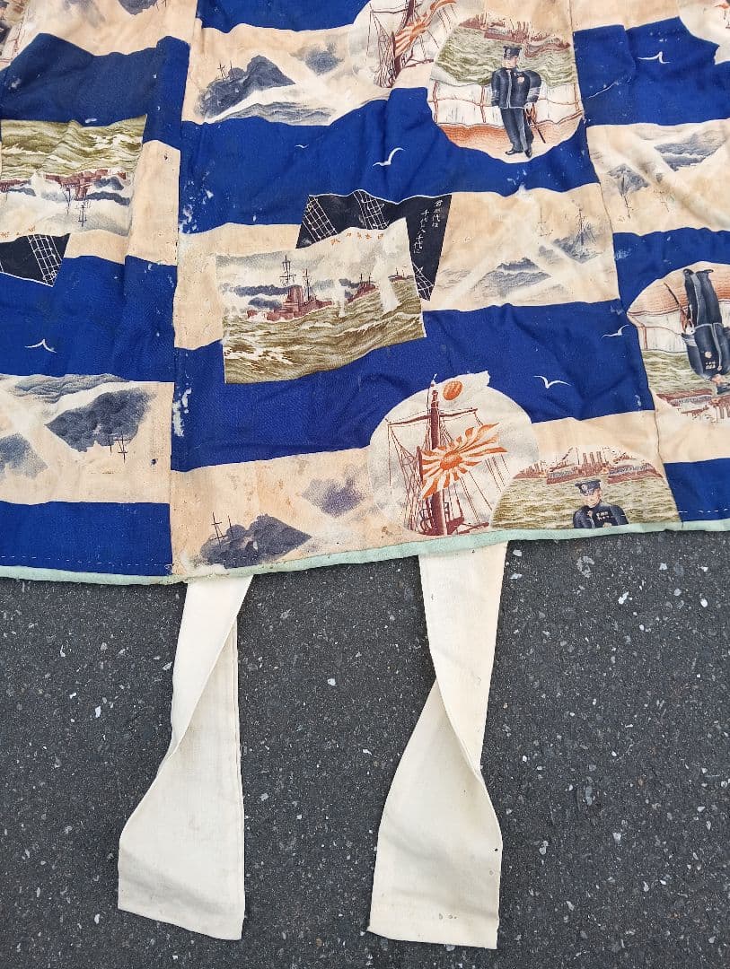 戦前 冬用　子供服　着物　戦争柄　満州　　軍人　海軍　戦争旭日旗　古布　戦艦