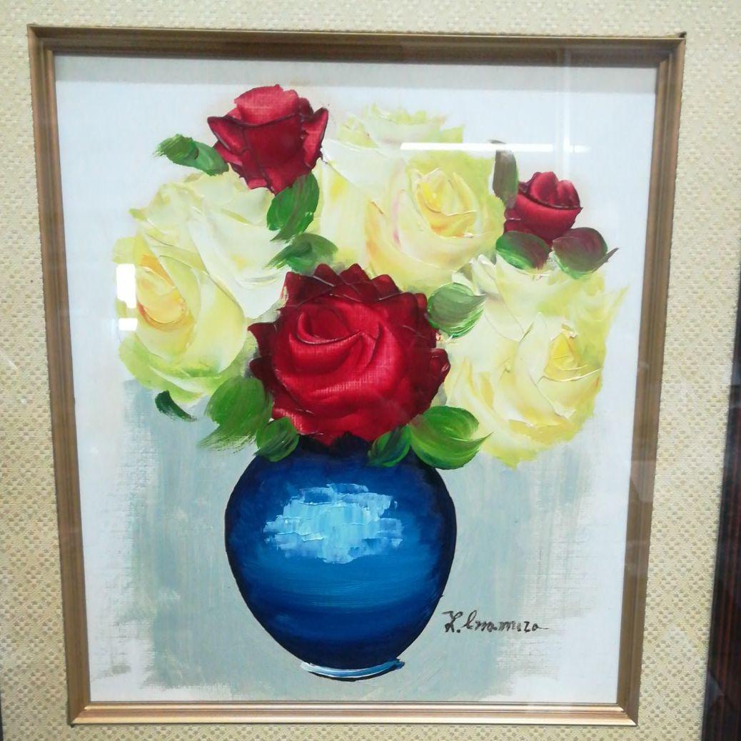 額装　額絵　油彩　静物画　薔薇　花