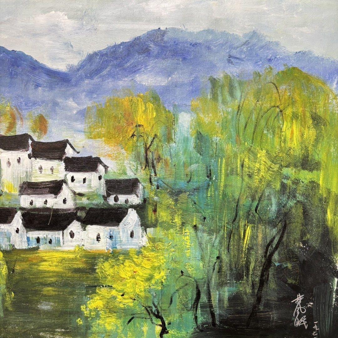 手描き 水彩油画 山水画 林風眠 作品図 中国絵画 約70×100cm 未表装