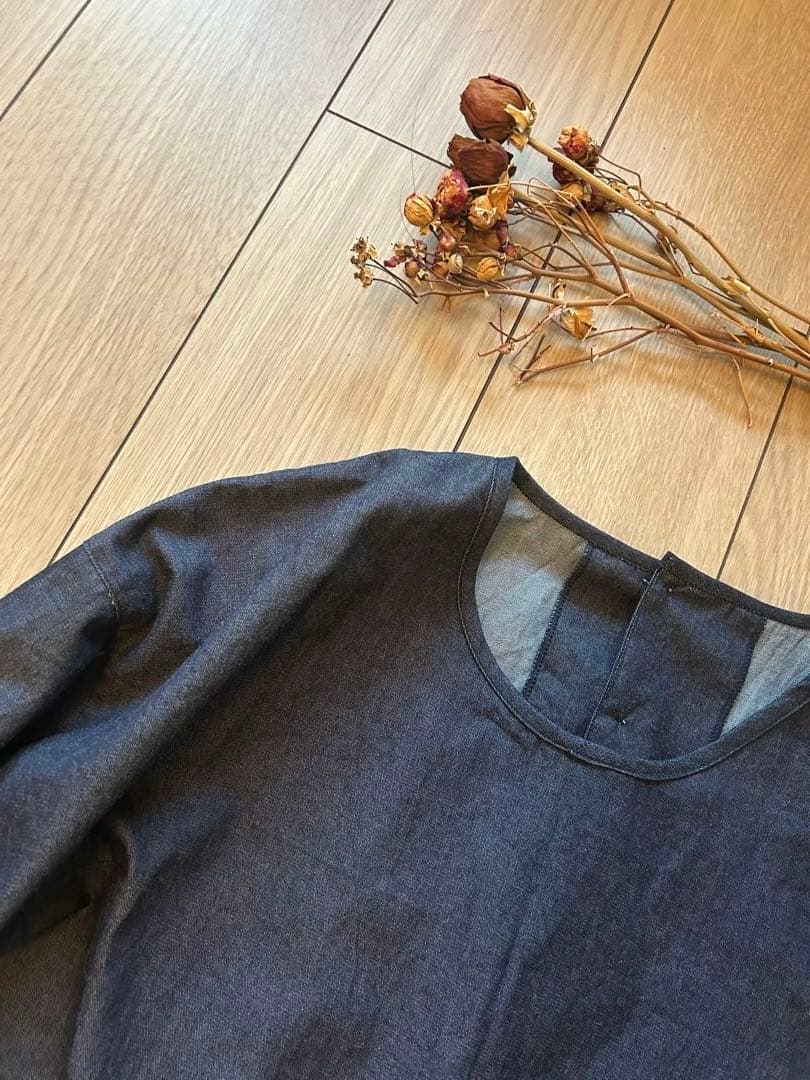 国産デニム生地　おしゃれな割烹着　ブルー系　服作り40年の田舎町仕立屋
