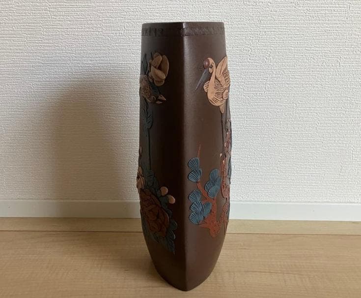 【お値下げ】花入 花器 花瓶 紫泥 紫砂 花鳥・松鶴・蘭蝶柄 在銘