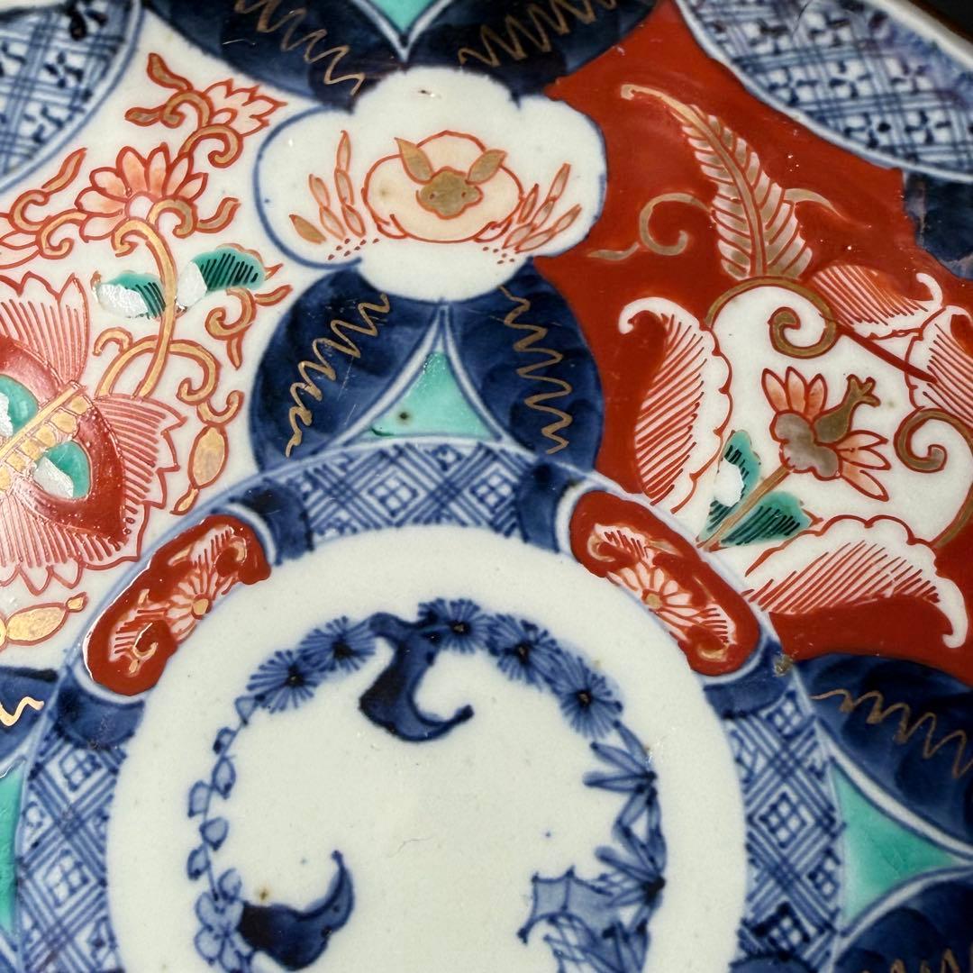 江戸後期　古伊万里　色絵うさぎ文様輪花形七寸皿　五客　冨貴長春　21.8cm