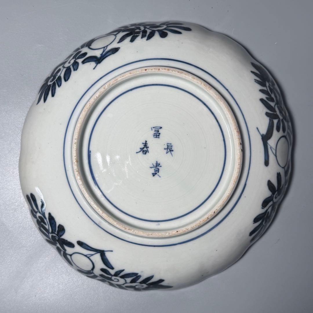 江戸後期　古伊万里　色絵うさぎ文様輪花形七寸皿　五客　冨貴長春　21.8cm