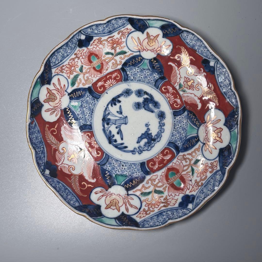江戸後期　古伊万里　色絵うさぎ文様輪花形七寸皿　五客　冨貴長春　21.8cm