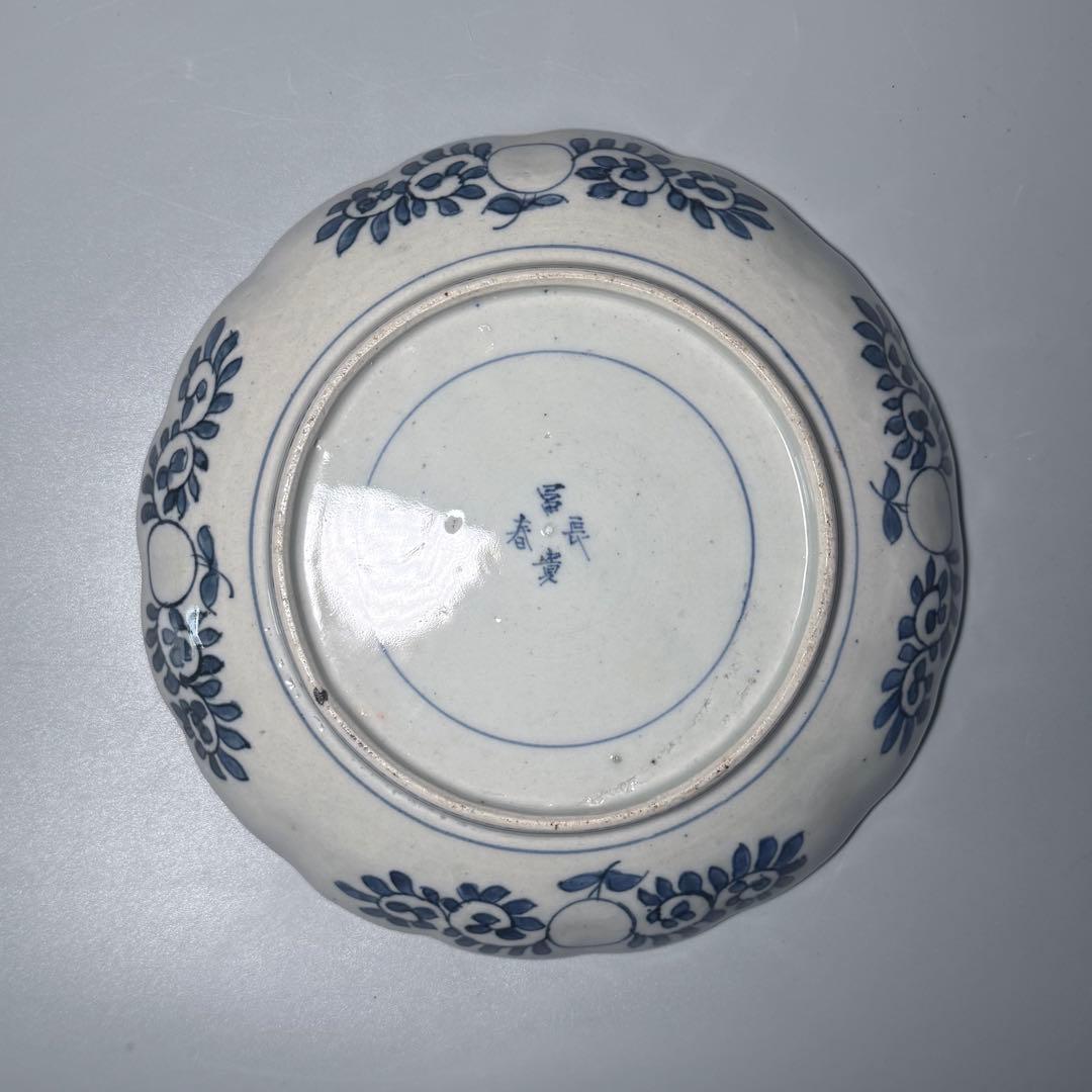江戸後期　古伊万里　色絵うさぎ文様輪花形七寸皿　五客　冨貴長春　21.8cm
