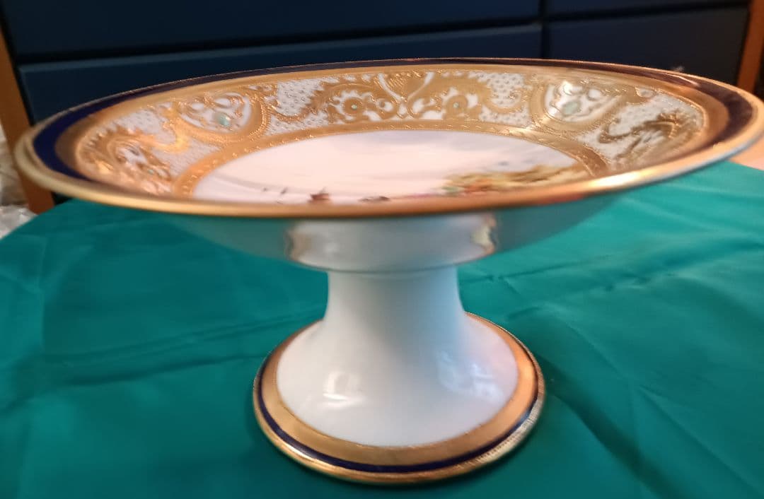 【オールドノリタケ】　金盛ジュール藍線帯帆船風景紋図　コンポート