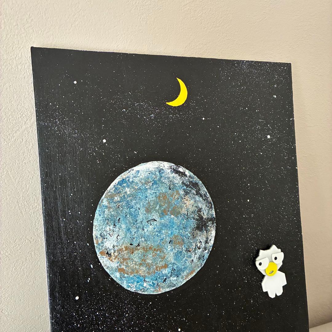 宇宙のアクリル画 地球と猫のキャラクター