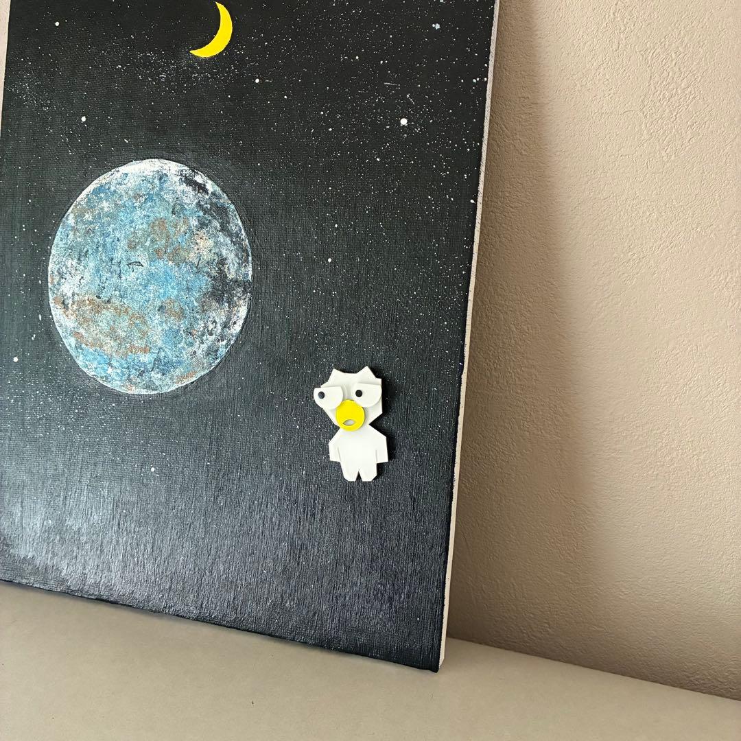 宇宙のアクリル画 地球と猫のキャラクター