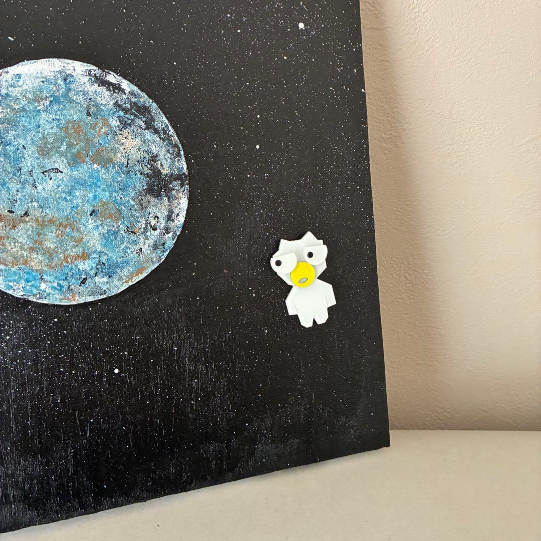 宇宙のアクリル画 地球と猫のキャラクター