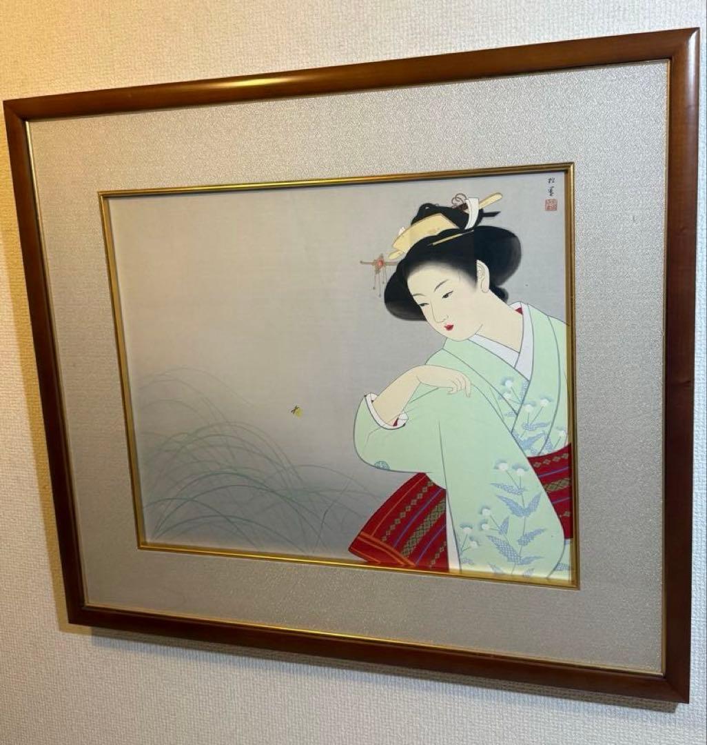 上村松園【新蛍】　木版画　黄袋　タトウ箱あり　二重箱