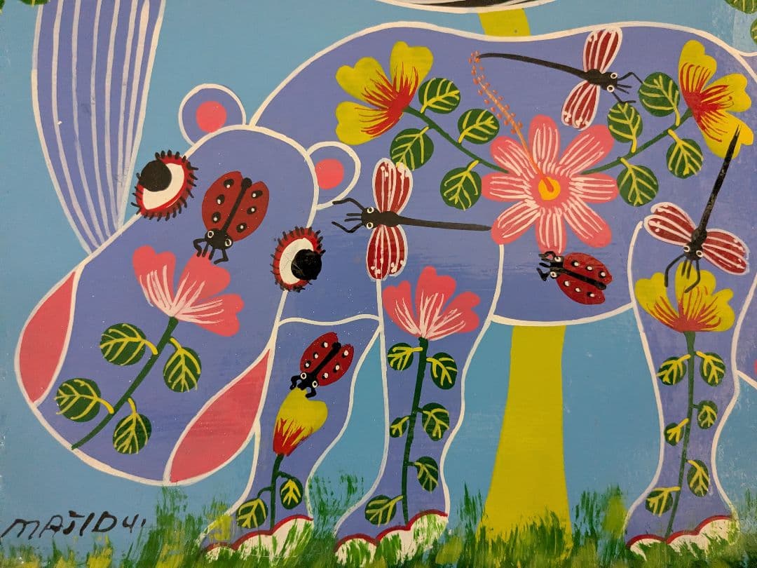 ●アフリカの絵画、ティンガティンガ、鳥と花ヒッポ、30×40cm