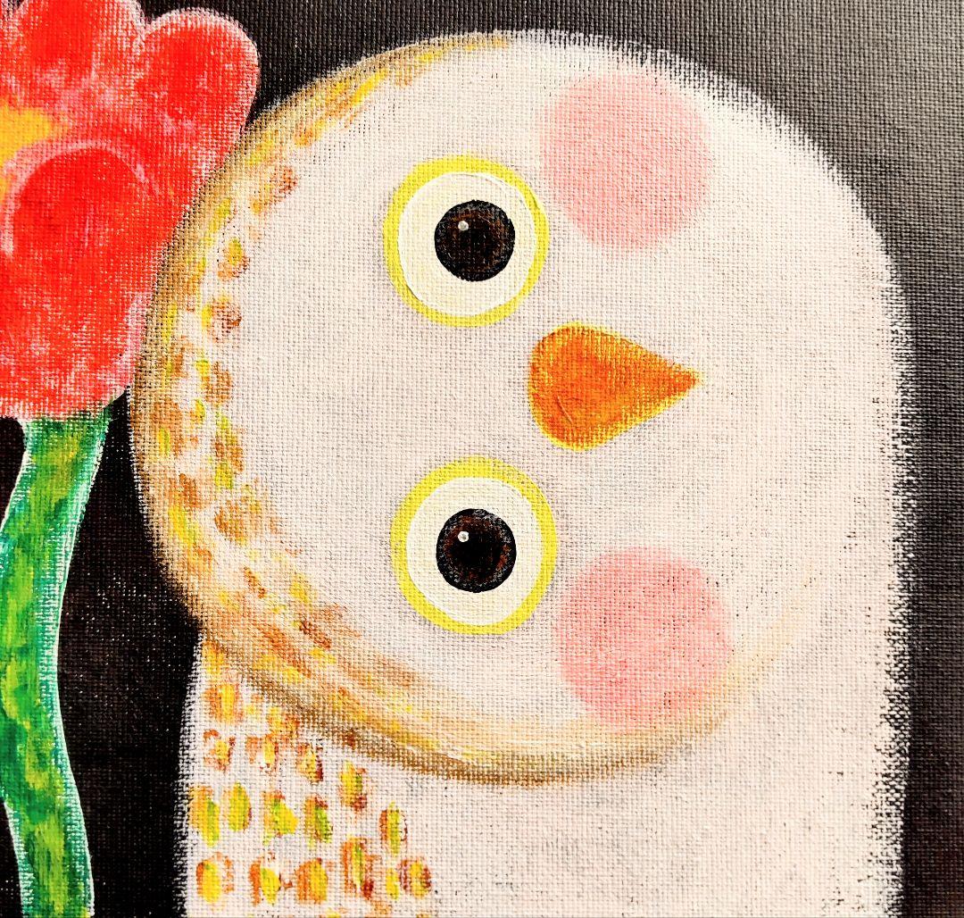 絵画 原画『かもね』キャンバス(F4号) フクロウ 花 幸せ 幸福 癒し 一点物