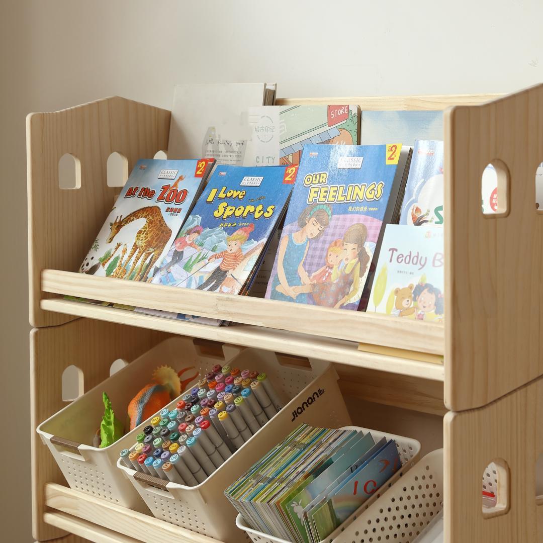 【新品】絵本棚+収納ラック 3段セット パイン材 組み合わせ自由
