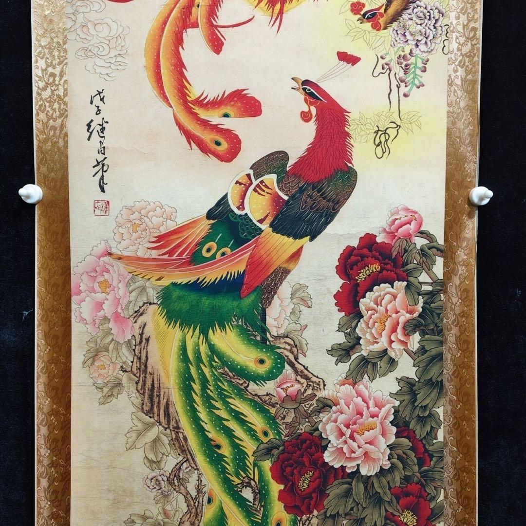 掛け軸 四尺中堂画 劉継卣 鳳凰図 証明書付 防偽 宣紙 裱装済 165×68