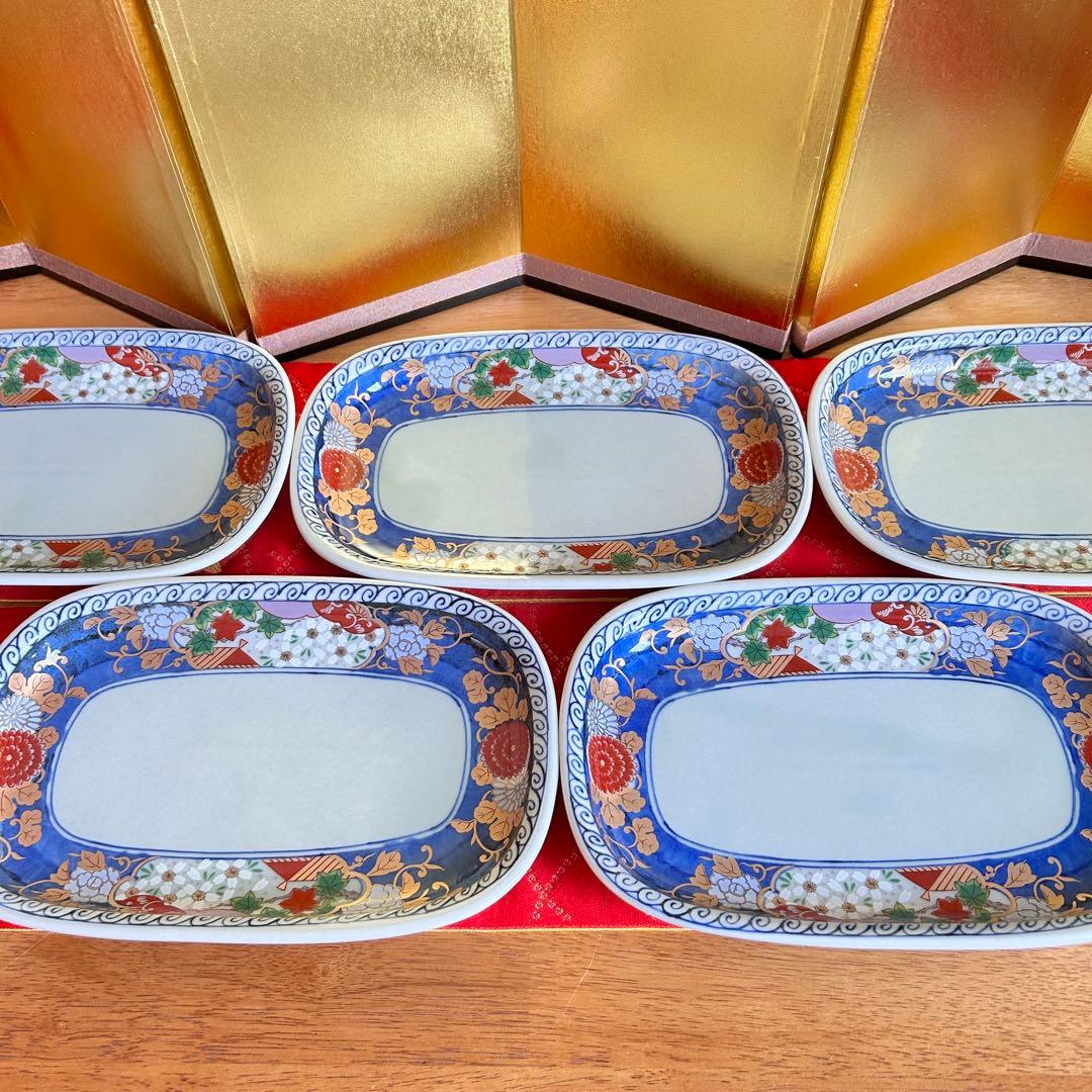 【未使用品】有田焼　清秀窯　金彩古伊万里　濃木甲　多用皿揃　楕円皿5客 元箱入り