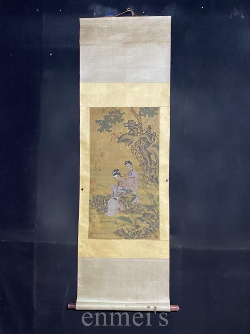 中国古美術『仇英款 人物画』絹布 三尺中堂画 掛軸 表装済 水墨画 模写 古玩