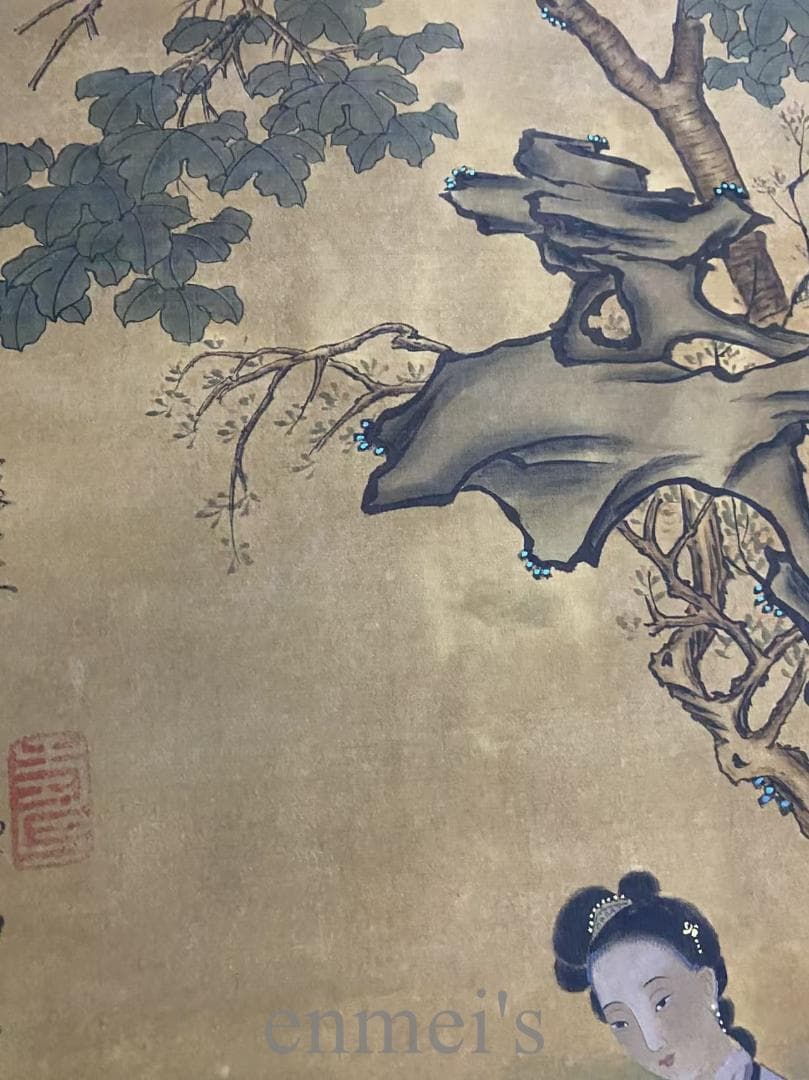 中国古美術『仇英款 人物画』絹布 三尺中堂画 掛軸 表装済 水墨画 模写 古玩