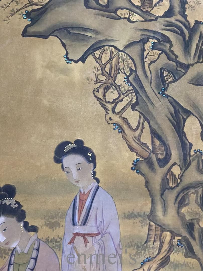 中国古美術『仇英款 人物画』絹布 三尺中堂画 掛軸 表装済 水墨画 模写 古玩