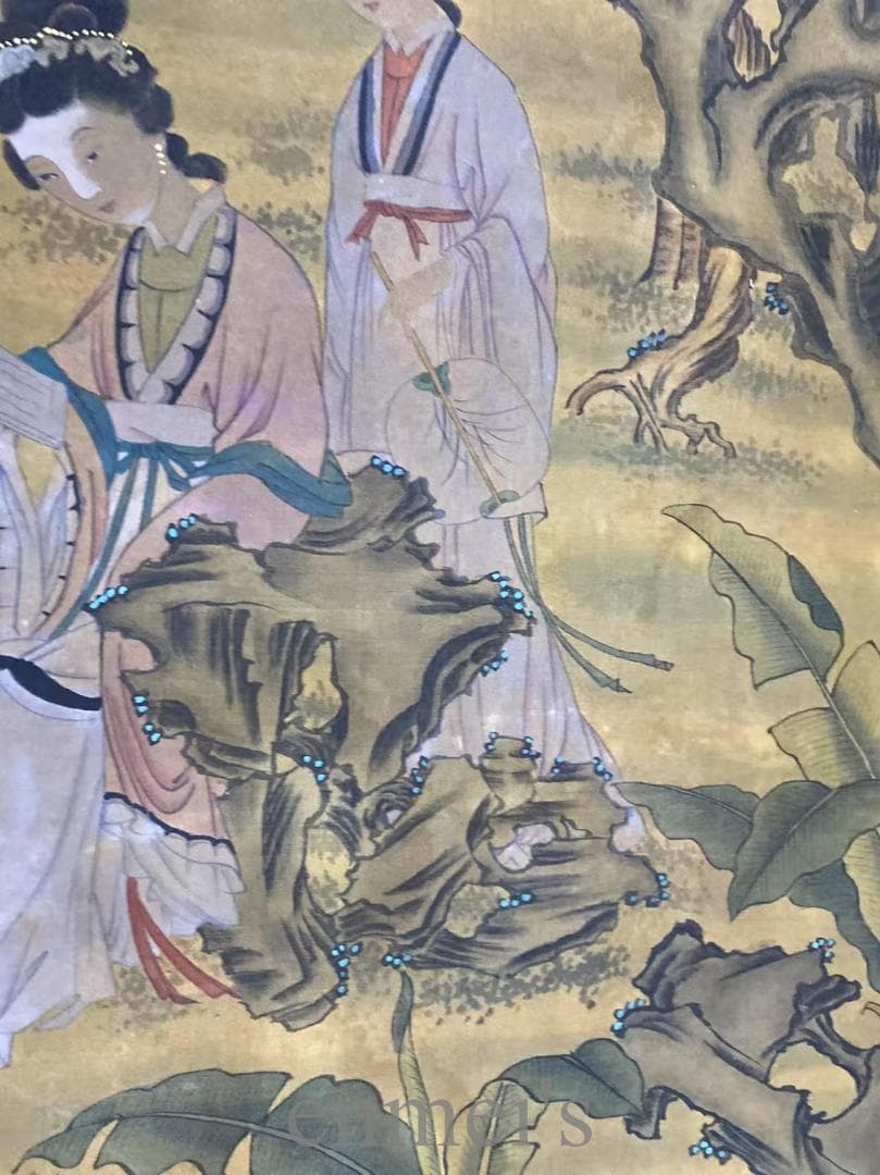 中国古美術『仇英款 人物画』絹布 三尺中堂画 掛軸 表装済 水墨画 模写 古玩