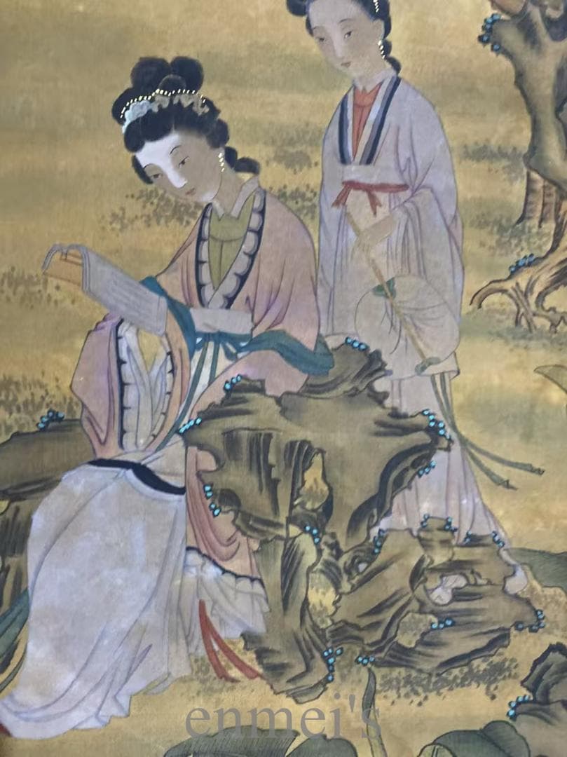中国古美術『仇英款 人物画』絹布 三尺中堂画 掛軸 表装済 水墨画 模写 古玩