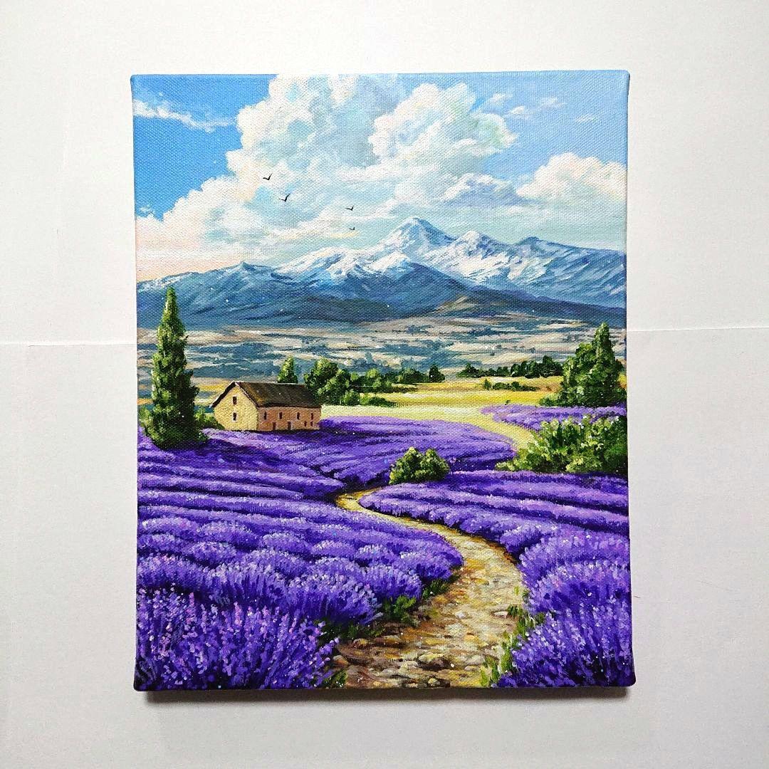 【ラベンダーの道】アクリル画 F3 風景画 絵画