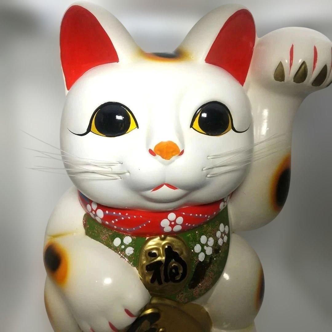 【希少・新品同様】とても大きな招き猫 左手挙げ 約34cm 陶器製 昭和レトロ