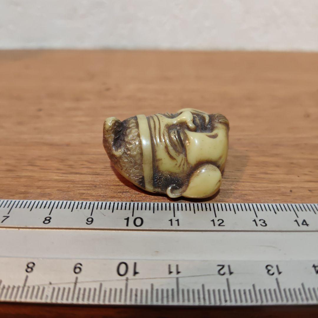 時代提物 七福神面根付 天然素材 在銘玉民【恵比寿様】高さ約3.4cm重さ約8ｇ