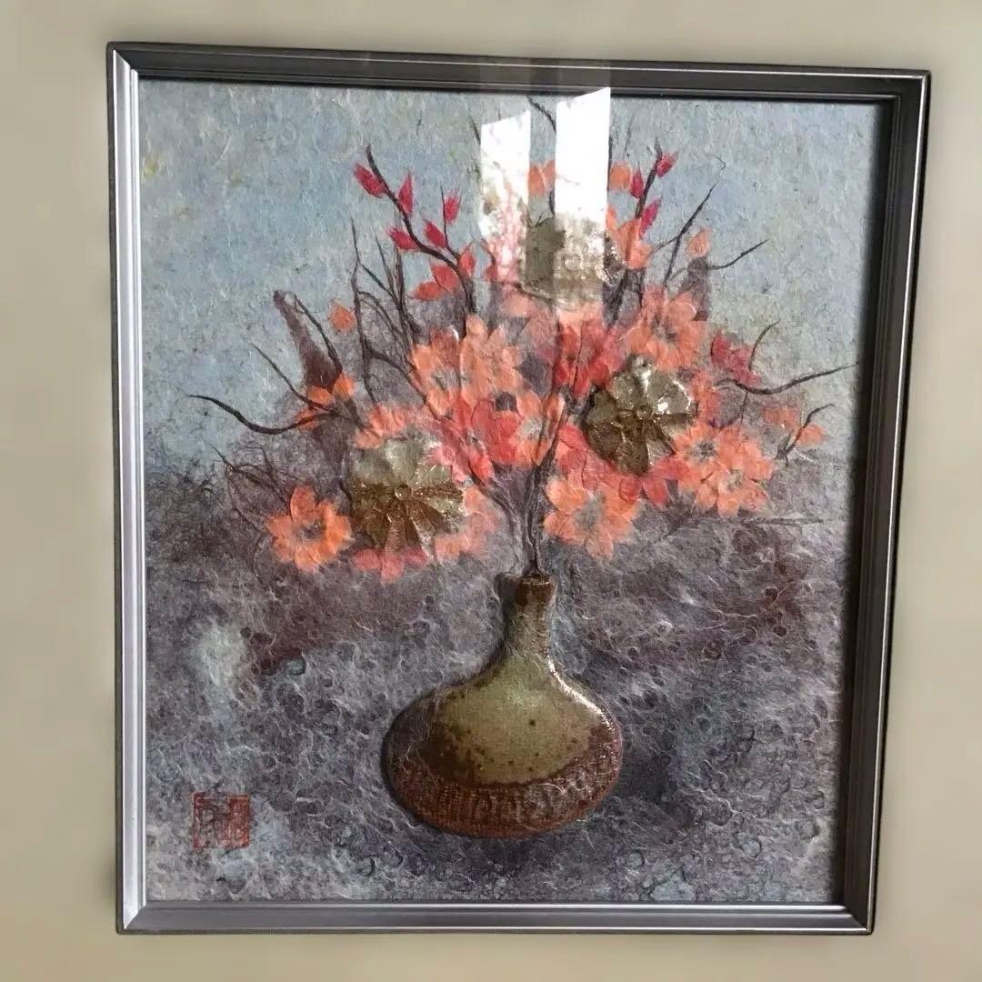 陶彩画　花と壺　焼き物の絵画　シルバーフレーム付き