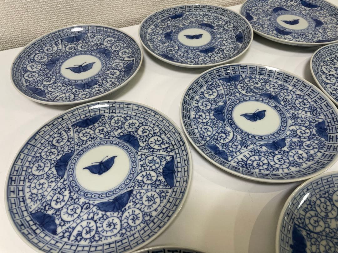 【現状品】古伊万里 染付 陶器 蛸唐草 蝶 大明宣徳年製 アンティーク 9枚 ①